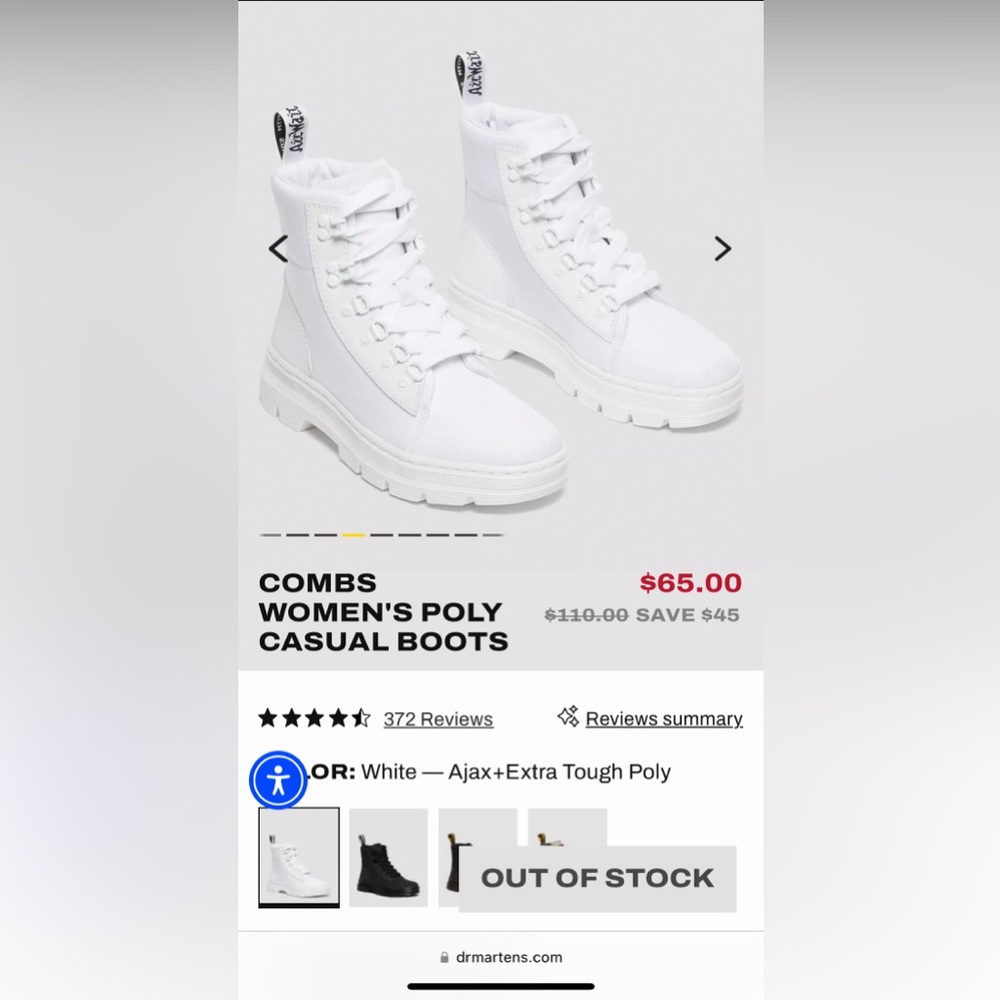 NWOT Dr. Martens Combs W White + White US W Size 7